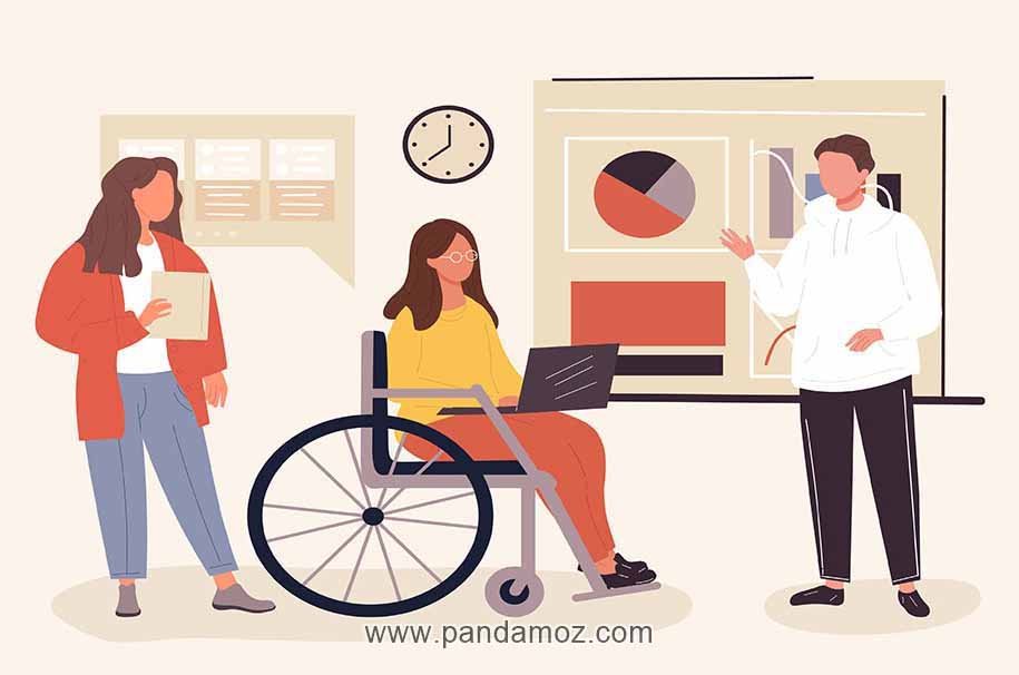 عکس نقاشی کارتونی آموزش معلولان جسمی، یک زن معلول و ناتوان جسمی که روی ویلچر نشسته و در حال آموزش دیدن برای انجام کار است