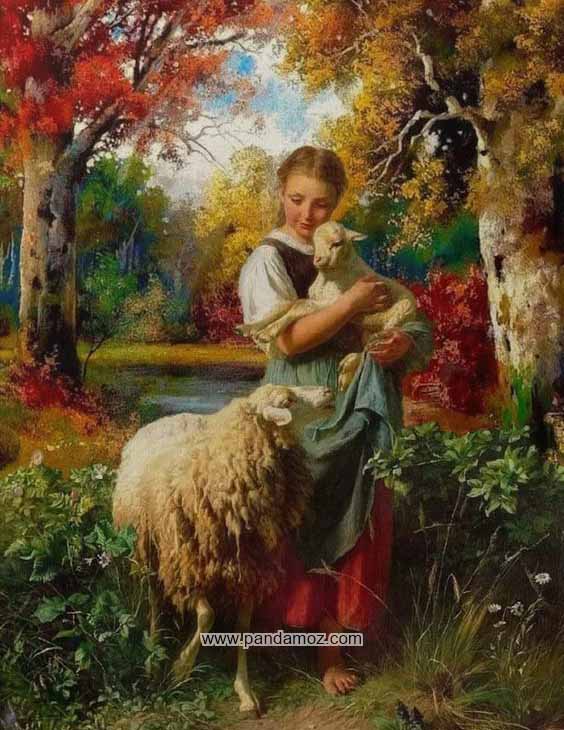 عکس نقاشی دختر که یک بره در بغل و آغوش دارد و گوسفند میش ماده در کنار دختر در یک جنگل بسیار زیبا و بزرگ و درختان رنگارنگ
