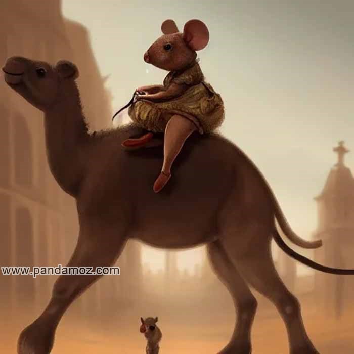 عکس نقاشی دیجیتال شتر و موش. یک موش ناز که سوار بر پشت شتری شده و در حال حرکت و شترسواری است. یک موش دیگر نیز در پایین تصویر دیده می شود