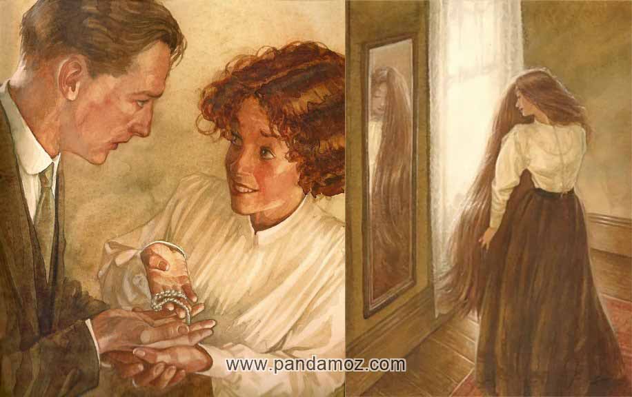 نقاشی از دو عکس در کنار هم عکس اول زنی با موهای بسیار بلند در آینه به موهایش نگاه می کند. عکس دوم زنی که موهایش را کوتاه کرده و با نگرانی و تعجب به مردی می نگرد که کادویی برای زن در دستانش دارد