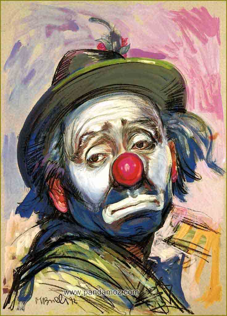 عکس تابلو نقاشی کمدین و دلقک غمگین. در تصویر مردی که کلاه شاپو و لبه دار بر سر دارد و به صورت دلقک گریم شده ولی چهره غمگینی دارد