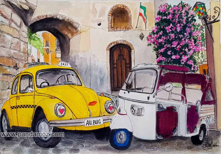 عکس تابلو نقاشی با عنوان تاکسی در سیسیل عاشق! اثر یک هنرمند ایتالیایی عکس دو ماشین که یکی سه چرخ بوده و رنگ آمیزی جالبی دارد و گل های کوچه و چراغ رنگارنگ کوچه در تصویر دیده می شود