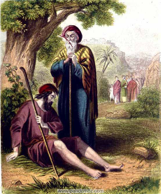 عکس نقاشی از مردی که زیر درخت نشسته و مرد دیگر در حالت ایستاده