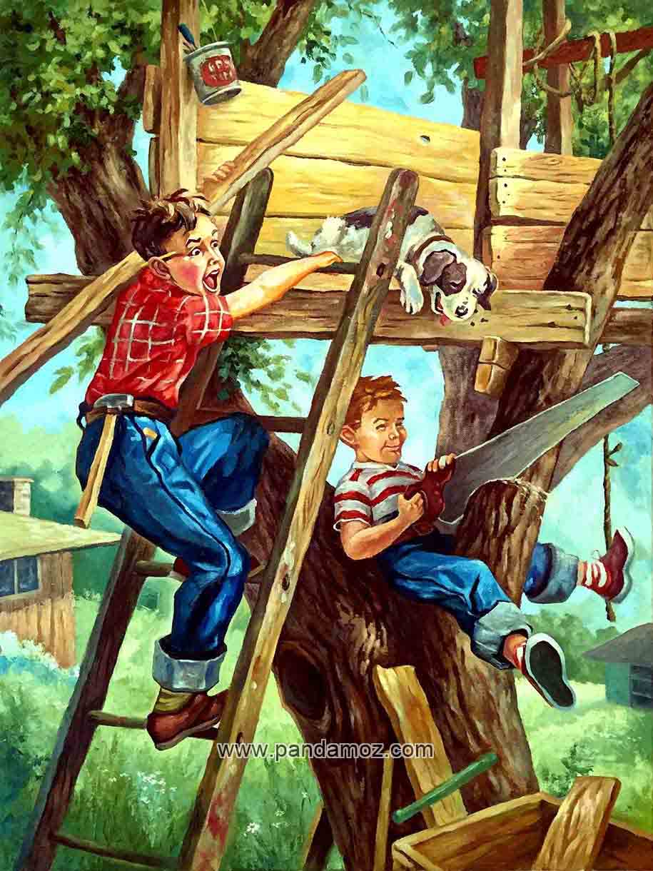 عکس تابلو نقاشی مصداق ابله و آدم احمق. دو پسربچه در حال ساخت خانه چوبی روی درخت. یکی از پسرها روی تنه بالای درخت نشسته و با لبخند ملیح در حال بریدن شاخه تنومند (پایه خانه درختی) با اره نجاری. پسر دوم روی نردبان  در حال اعتراض. در تصویر سگی نیز دیده می شود