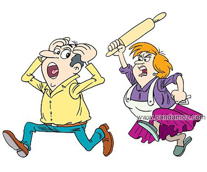 عکس نقاشی کارتونی دعوای زن و شوهر. در تصویر مرد در حال فرار است و دستهایش را به شکل تدافعی بر روی سر خود گرفته و زن وردنه نانوایی (خمیر پهن کن) را بلند کرده و می خواهد بر سر مرد بکوبد