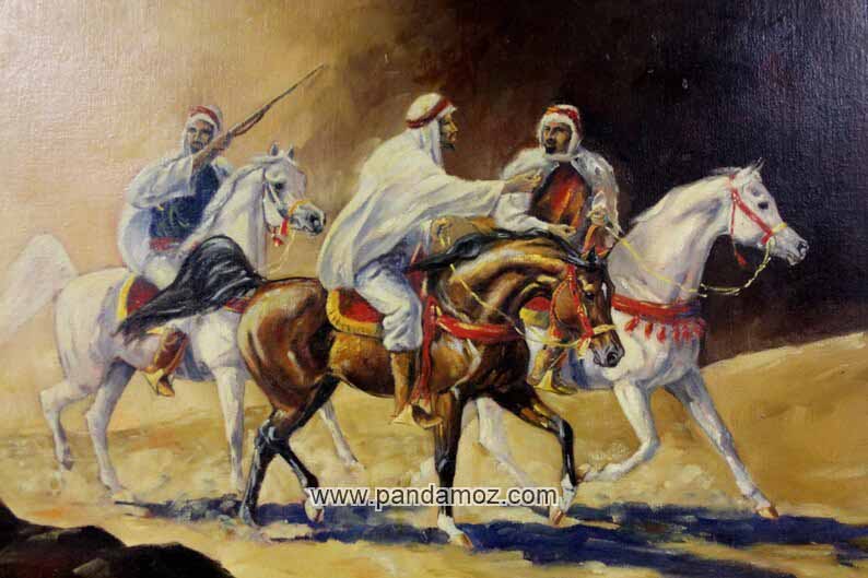 عکس نقاشی از مردان اسب سوار بر روی اسب و با تفنگ که در قدیم برای حفاظت از کاروانها، همراه آنها بودند