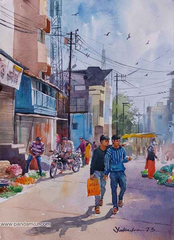 عکس نقاشی خیابانی از یک شهر و مردمانی که در آن در حال گذر و خرید و فروش هستند