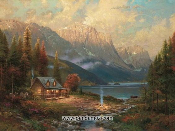 عکس نقاشی بسیار زیبا از کوههای سر به فلک کشیده و درختان و رودخانه و یک کلبه در دامنه کوه که نور و آتش در داخل کلبه دیده می شود و اسب ها در بیرون از کلبه