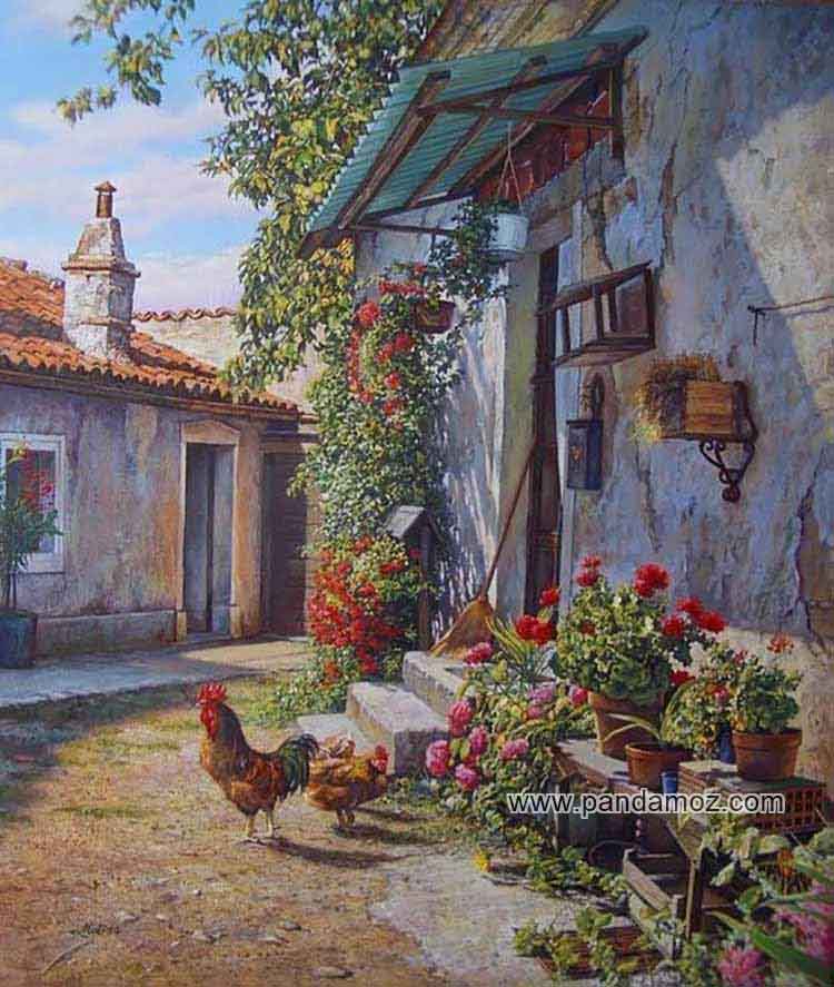 عکس تابلو نقاشی بسیار زیبا از یک خانه در روستا و گل های شمعدانی و گل رز و فضای ساده و صمیمی عالی همراه با مرغ و خروس