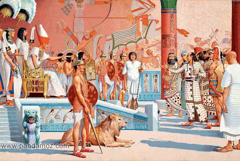 عکس نقاشی بارگاه و کاخ فرعون و فرعون بر تخت سلطنت در حال فرمان دادن. در کنار تخت فرعون شیر بیشه نشسته بر روی زمین نیز دیده می شود