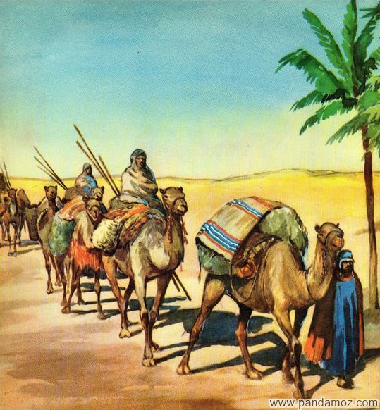 عکس تابلو نقاشی از کاروان شترها که در جلو کاروان مردی افسار شتر را در دست گرفته و پیاده حرکت می کند در پشت او شترهای زیاد و کسانی که سوار آنها هستند و برخی نیزه هایی دارند