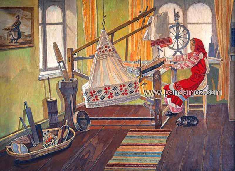 عکس تابلو نقاشی دختر در حال نخ ریسی، داستان افسانه دختر مراکشی. در تصویر دختر در یک اتاق با روسری و لباس قرمز در پشت دستگاه نخ ریسی دستی و چوبی قدیمی در حال بافتن پارچه برای ساخت چادر و خیمه برای امپراتور چین است