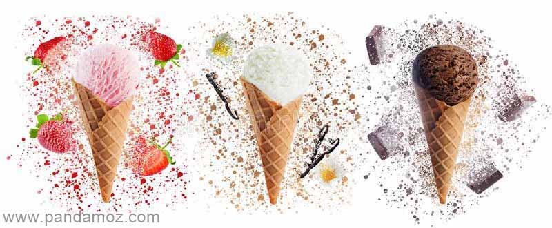 عکس نقاشی رنگی از سه بستنی قیفی نونی - نانی. در تصویر بستنی های قیفی با طعم های شکلاتی، میوه ایی توت فرنگی و وانیلی دیده می شوند
