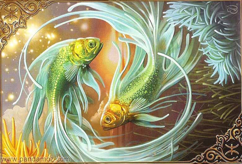 عکس نقاشی از دو ماهی بسیار زیبا با ترکیبی از رنگ طلایی و فسفری سبز. در تصویر دم های ماهی ها به صورت انواری نورانی و زیبا همانند پرهای طاووس نقاشی شده. در گوشه های تصویر شاخک هایی از عروس های دریایی نقاشی شده