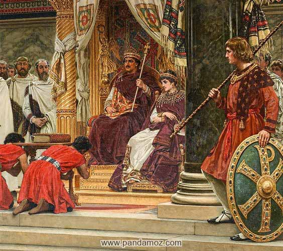 عکس پادشاهی که روی تخت سلطنت در قصر و کاخ خود نشسته و اطرافیان در کنار او ایستاده اند و دو مرد در مقابل او روی زمین خم شده و زانو زده اند