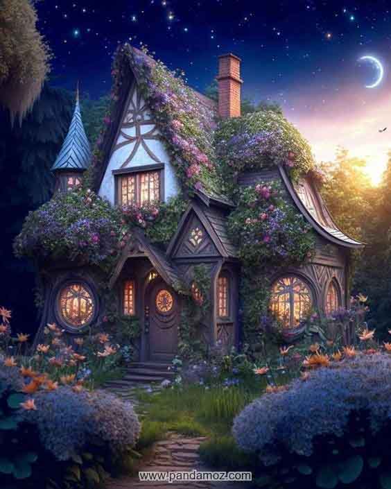 عکس تابلو نقاشی بسیار زیبا از یک خانه به همراه گل های فراوان و زیبا. در تصویر اطراف خانه و همه جا تا سقف و پشت بام خانه که به صورت شیب دار است پر از گلهای زیبا و چمنزار است