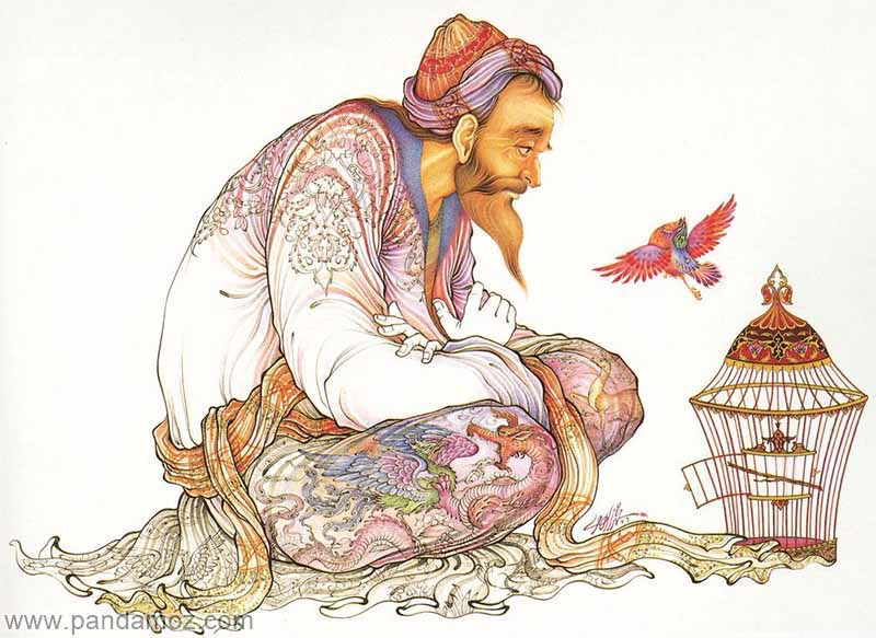 عکس نقاشی مینیاتوری یک درویش با لباس های رنگارنگ در تصویر درویش در مقابل خود یک قفس پرنده سیمی گذاشته و در قفس را باز کرده و پرنده در حال پرواز است