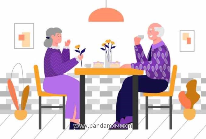 عکس تصویر نقاشی کارتونی از یک پیرمرد و پیرزن در رستوران که روبروی هم نشسته اند و شاخه گلی در دست پیرزن قرار دارد