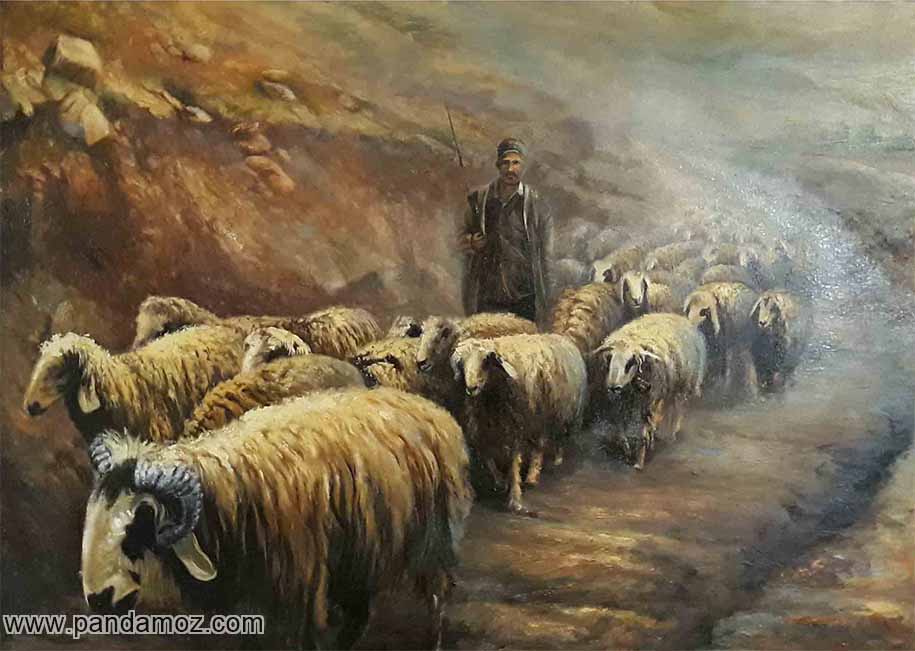 عکس تابلو نقاشی چوپان و گوسفندان که چوپان با عصای دستی در بین گوسفندان و در دامنه کوه در حال هدایت گله است. در تصویر تعداد زیادی گوسفند در پشت او و تعدادی نیز در جلو او در حال حرکت هستند