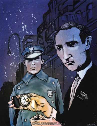عکس نقاشی دو مرد در تاریکی شب در خیابان. در تصویر مردی که ساعت گرانقیمتی در دست دارد و آن را نگاه می کند و مرد دیگر که پاسبان یا پلیس است با نگاه نافذ او را می نگرد